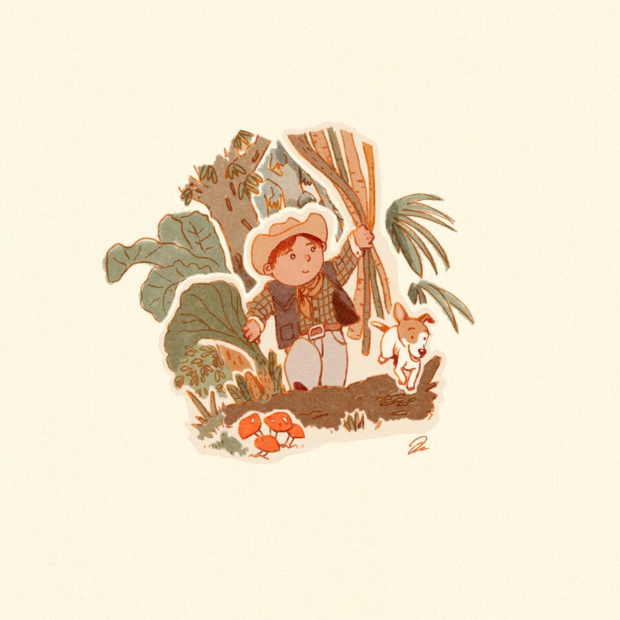 A young child in the jungle, surrounded by large plants and trees. A fallen log crosses their path. The child is stepping over it while pushing large flora aside. Their small white and brown dog is jumping over the same fallen tree trunk, excitedly.